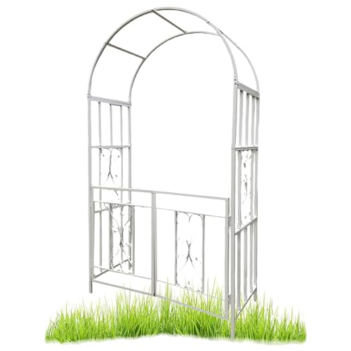 iumLeap W114xH210cm Metal Garden Arch Trellis White Rose Arbor Stand Heavy Duty Wedding Archway with Gate for Climbing Plants Outdoor, Patio, Pergola Arbour