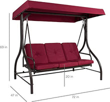 3-Seat Outdoor Large Converting Canopy Swing Glider, Patio Hammock Lounge Chair for Porch,Porch Swing Backyard w/Flatbed, Adjustable Shade, Removable Cushions - Burgundy sadr3