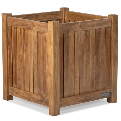 TITAN GREAT OUTDOORS Ash & Ember Grade A Teak Square Planter Box, 6 Cu FT / 48 Gal Fill Capacity, 26x26x28 Naturally Weather-Resistant Planters for Outdoor Plants, Outdoor Patio & Garden Decor
