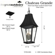 The Great Outdoors 72784-66G Chateau Grande Outdoor Chain Hung Lantern, 4-Light, 240 Total Watts, 12-in H x 25-in W, Coal Black with Gold Accents