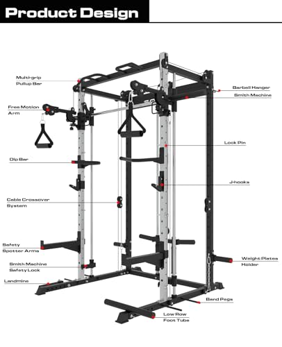 EonfitOmni Smith Machine Power Cage Squat Rack with Cable Crossover, Red320