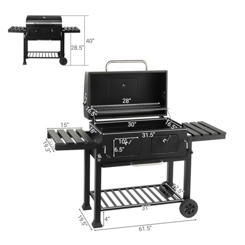 Large Outdoor Charcoal BBQ Grill, Dual Adjustable Charcoal Trays with Foldable Side Tables, Front Access Door for Backyard, Patio, Camping