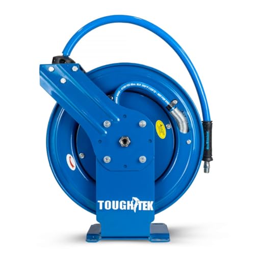 Blu Shield Tough Tek™ 3/8" x 50' Pressure Washer Hose Reel | Retractable Dual-Arm | 16000 PSI Burst | 250°F Hot Water | 6' Lead-In Hose | Wall & Trailer Mount | Pro Grade Rubber Hose