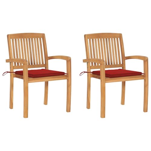 RJPLMFV Patio Chairs 2 pcs with Red Cushions Solid Teak Wood Outdoor Chairs Balcony Chair Deck Chairs for Gardens, courtyards