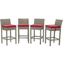 Contemporary Outdoor Patio Garden Bar Side Stool Chair, Set of Four, Fabric Rattan Wicker, Red