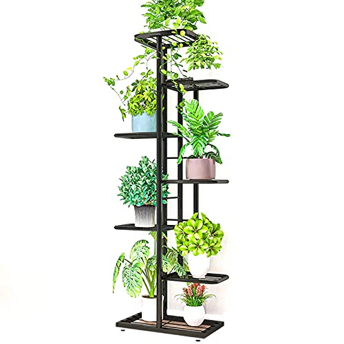 BSNANCA 7 Tier Metal Plant Stand Holder with 8 Flower Pot Shelves Indoor Outdoor Plant Stand Organizer for Balcony Garden Display Rack (Black 17x9x49.6 in)
