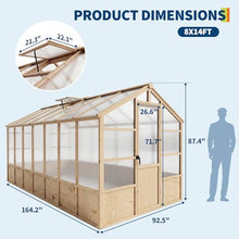 FinerFurnis Heavy Duty Wooden Greenhouse Kit for Outdoor – Large Walk-In Greenhouse with Polycarbonate Panels, Ventilated Window, Lockable Door – Ideal for Garden, Backyard, Patio, Lawn – Size: 8x14ft