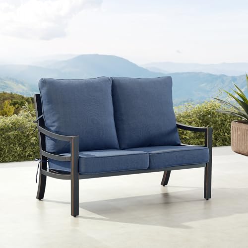 Oakland Living Black Aluminum Patio Deep Seating Outdoor Two Seater Loveseat with Blue Cushions