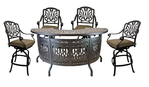 Patioland Elizabeth Outdoor Party Bar Cast Aluminum (Bar Table and 4 Bar stools with Premium Fabric Cushions)