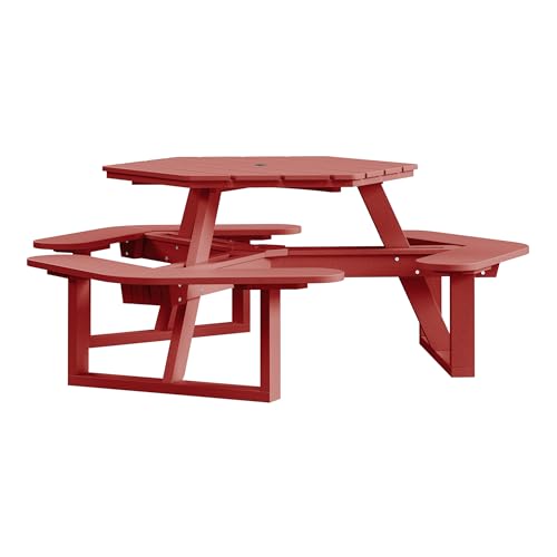 Bahia Verde Shoreline Made in USA Hexagon Picnic Table, Seating for 6, Boathouse Red
