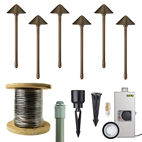 VOLT Cast Brass Conehead 12V LED Outdoor Path Light 6-Pack Kit with 150W Transformer Bronze
