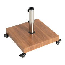Square Outdoor Umbrella Base with Wheels.Concrete-Filled Iron Design with Wood Grain Finish & Adjustable Stainless Steel Post.Stable Support for Patio,Garden & Poolside.32mm-48mm Pole Compatibility