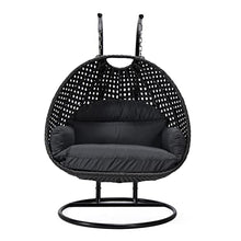 LeisureMod Mendoza Charcoal Wicker 2 Person Patio Hanging Double Egg Swing Chair with Stand & Cushions for Indoor Outdoor Patio Garden (Dark Grey)