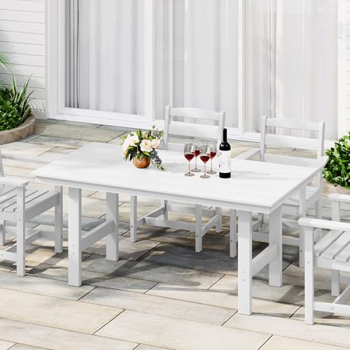 Costaelm Outdoor Patio Table, Outdoor Dining Table for 6, Weather Resistant Rectangle Patio Table with Umbrella Hole for Outside, Garden, Poolside, Porch, White