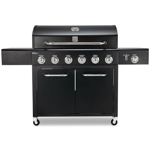 Kenmore 6-Burner Propane Gas BBQ Grill with Side Burner, 73,000 BTUs, Stainless Steel Cabinet Grill with Cast Iron Grates for Outdoor Cooking, Backyard BBQ, Patio, Large Parties (Black)