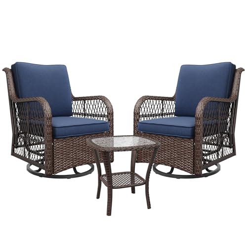 PioneerWorks Outdoor Swivel Wicker Glider Patio Chairs with Table Set, 3 Pieces Outdoor Bistro Set with 4”Thick Cushions and Coffee Table for Porch, Balcony, Deck (Blue)