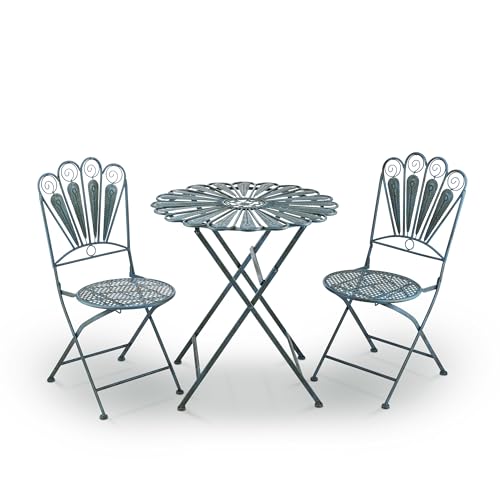 Alpine Corporation Indoor/Outdoor 3-Piece Peacock Feather Rustic Metal Bistro Set Patio Seating, Light Blue