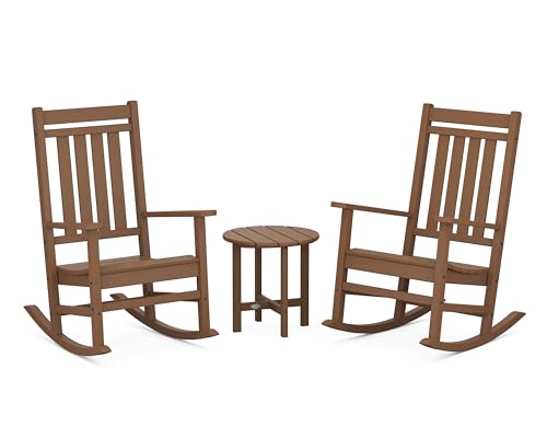 POLYWOOD Estate 3-Piece Rocking Chair Set, Outdoor Patio Furniture, Front Porch Rockers with Side Table, HDPE, Fade-Proof, Teak