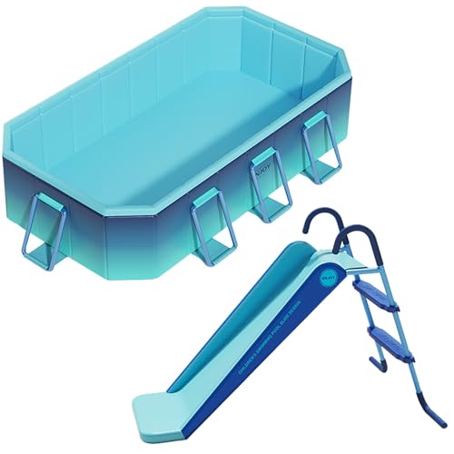 Framed Swimming Pools Above Ground Foldable Outdoor Kiddie Pools Rectangle with Slide Includes Patches with Sturdy Support for Backyard Beach(B,1.8m/6ft)