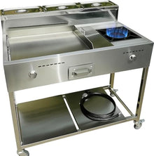 Burner Stove and Flat Top Griddle Cart | Mobile Cooking Food Cart | 20” Stainless Steel Griddle | 30,000 BTU Cast Iron Burner Stove | Outdoor Propane | Portable 4 Wheel | Commercial & Home Use