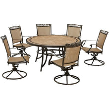 Hanover Fontana 7-Piece Outdoor Dining Set with 6 Sling Swivel Rocker Chairs and Round Table, Tan/Bronze