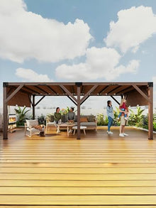 KYBOLT 12x20 Ft Wood Pergola with Retractable Sunshade Canopy Reddish-Brown