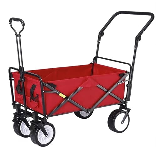 PUCNHZYNW Heavy Duty Folding Camping Beach Garden Trolley Cart with 4 Wheels Outdoor Pull Wagon for Shopping Festivals and Camping Red