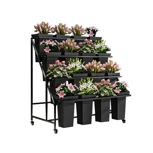 BSNANCA Heavy Duty Metal Flower Display Stand with Buckets Wheels and Moving Plant Cart Shelf Ideal for Indoor Outdoor Patio Garden Living Room and Florist Use