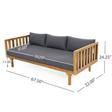 Christopher Knight Home Claremont Outdoor 3 Seater Acacia Wood Daybed with Fabric Water Resistant and Removable Cushions, Patio Garden Sofa with Slat Paneling Armrest and Back, Teak and Dark Grey
