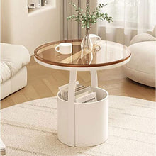 Modern Indoor Outdoor Side Tables with Storage Basket, Small Round End Table with Tempered Glass Tabletop and Metal Frame Metal, for Patio Yard Balcony Garden Bedside White&Black Simple(Brown+White)