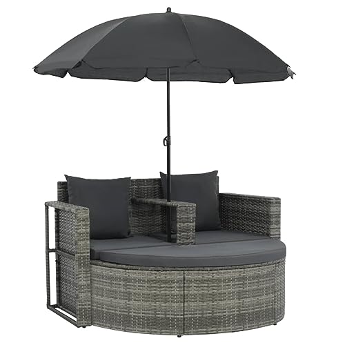 YWMLFZ 2 Seater Patio Sofa with Cushions and Parasol Gray Poly Rattan for Outdoor Backyard Gardens