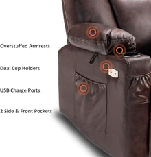 Brown Leather Power Lift Recliner Chair for Adults, Comfortable Overstuffed Electric Recliner with USB Ports, Cup Holders, Small Living Room Home Theater Seating