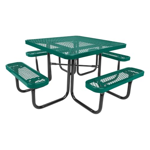 Barco Products SuperSaver Commercial Square Picnic Table, 46 in. Green Thermoplastic-Coated Expanded Metal, Seats 8, Portable or Surface Mount Outdoor Table, 10-Year Guarantee