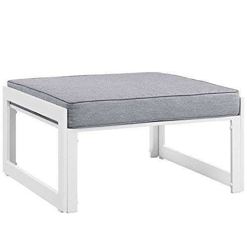 Modern Urban Contemporary Outdoor Patio Ottoman, White Grey Fabric Steel