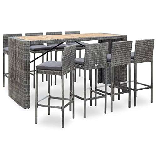 vidaXL 9-Piece Patio Bar Set in Gray - Outdoor-Friendly Acacia Wood and Poly Rattan Construction with Padded Seat Cushions and Easy-Assembly Design
