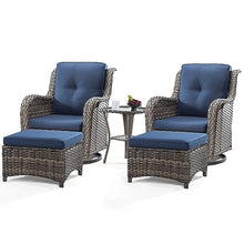 MeetLeisure 5 Piece Outdoor Patio Furniture Set Wicker Conversation Bistro Set Swivel Rocking Chairs with Side Table and Ottomans for Backyard, Porch, Deck(Mixed Grey/Blue)