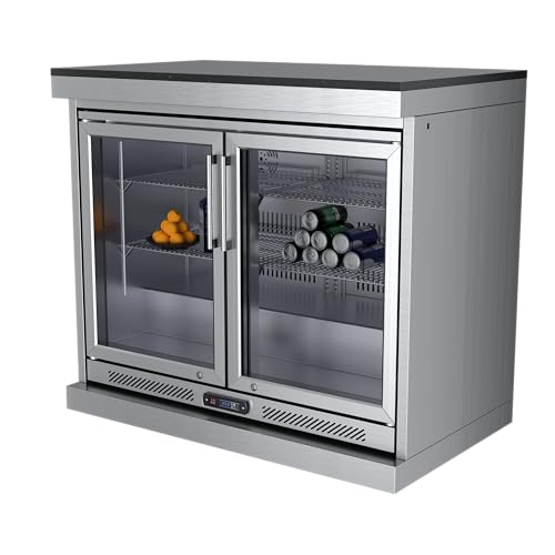 Outdoor Kitchen Island Beverage Refrigerator Cabinet Double Door Undercounter Cooler Granite Countertop Mobile Bar Station Removable Shelves Compressor Digital Control Locking Casters Patio (Silver)