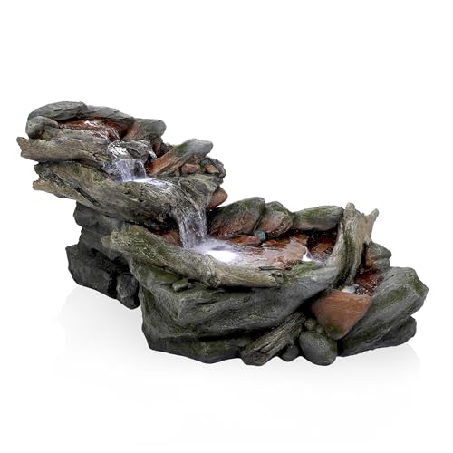 Alpine Corporation | 60"L Outdoor 3-Tier Rainforest Rock River Hand-Painted Water Fountain with LED Lights — Garden, Patio & Yard Décor