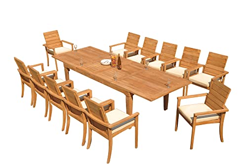 WholesaleTeak 12 Seats 13 Pcs Grade-A Teak Wood Dining Set: 122" Caranas Double Extension Rectangle Table and 12 Algrave Stacking Arm Chairs #11AL2913
