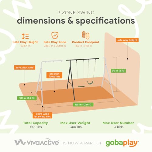 gobaplay Heavy Duty Explorer Kids 3 Zone Swing Set - XL Blue Double Platform, Belt & Flat Swings