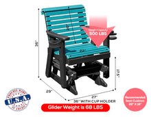 Amish Craftsmanship Made in USA 2FT Heavy Duty Poly Lumber Wood Porch Patio Glider HDPE with No wood fibers Lancaster Series Rollback design 500 lbs Limit With Cupholders Aruba on Black