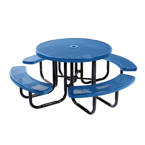 Coated Outdoor Furniture Heavy-Duty Portable Outdoor Picnic Table with Umbrella Hole, Punched Steel Commercial-Grade Patio Dining Furniture Made in America (46" Round Top, Textured Light Blue)