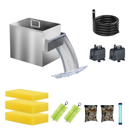 Carefree Fish Koi Pond Multi-Layer Filter Box 304 Food-Safe Stainless Steel Construction Garden Water Waterfall Filtration with Water Pump(Patent No.:US D1067273S)