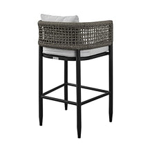 Armen Living Felicia Modern Indoor Outdoor Patio Counter Chair Bar Stool in Black Aluminum Metal with Grey Rope Wicker and Cushions, 30" Seat Height