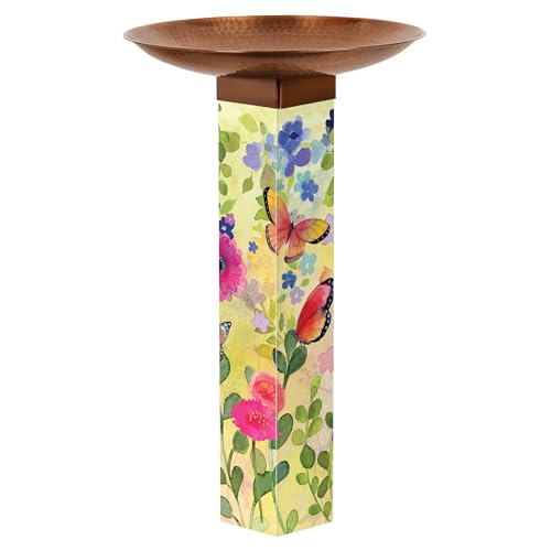 Studio M Butterfly Bird Bath Art Pole – Copper Hammered Topper Outdoor Yard Décor – 31 x 18 Inch Decorative Birdbath Stake – Watercolor Floral Garden Accent