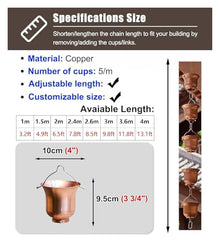 WKNHHL Rain Chain, Copper Tea Cup 5 Cups/M Adjustable Length Multiple Sizes,1.5 m (4.9ft)