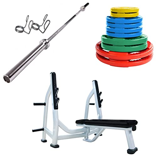 French Fitness Rubber Grip Weight Plate Set with Olympic Bar 235 lbs + Bench
