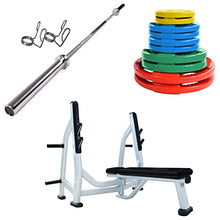 French Fitness Rubber Grip Weight Plate Set with Olympic Bar 235 lbs + Bench