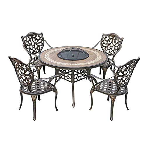 ERoomQ Wood Fire Pits Outdoor 122cm/48 Outdoor Garden Barbecue Table with Wood Burning Fire Pit, Aluminum Party BBQ Table and Chair Set, Multifunctional Dining Table with 4 Chairs