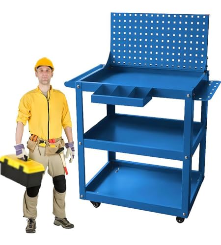 ICEMOB Blue, Heavy-Duty Service Cart,Steel Tool Storage Organizer,3 Tier Workshop Trolley,100KG Load Capacity,Tool Cart on Wheels for Garage,Warehouse and Repair Shop